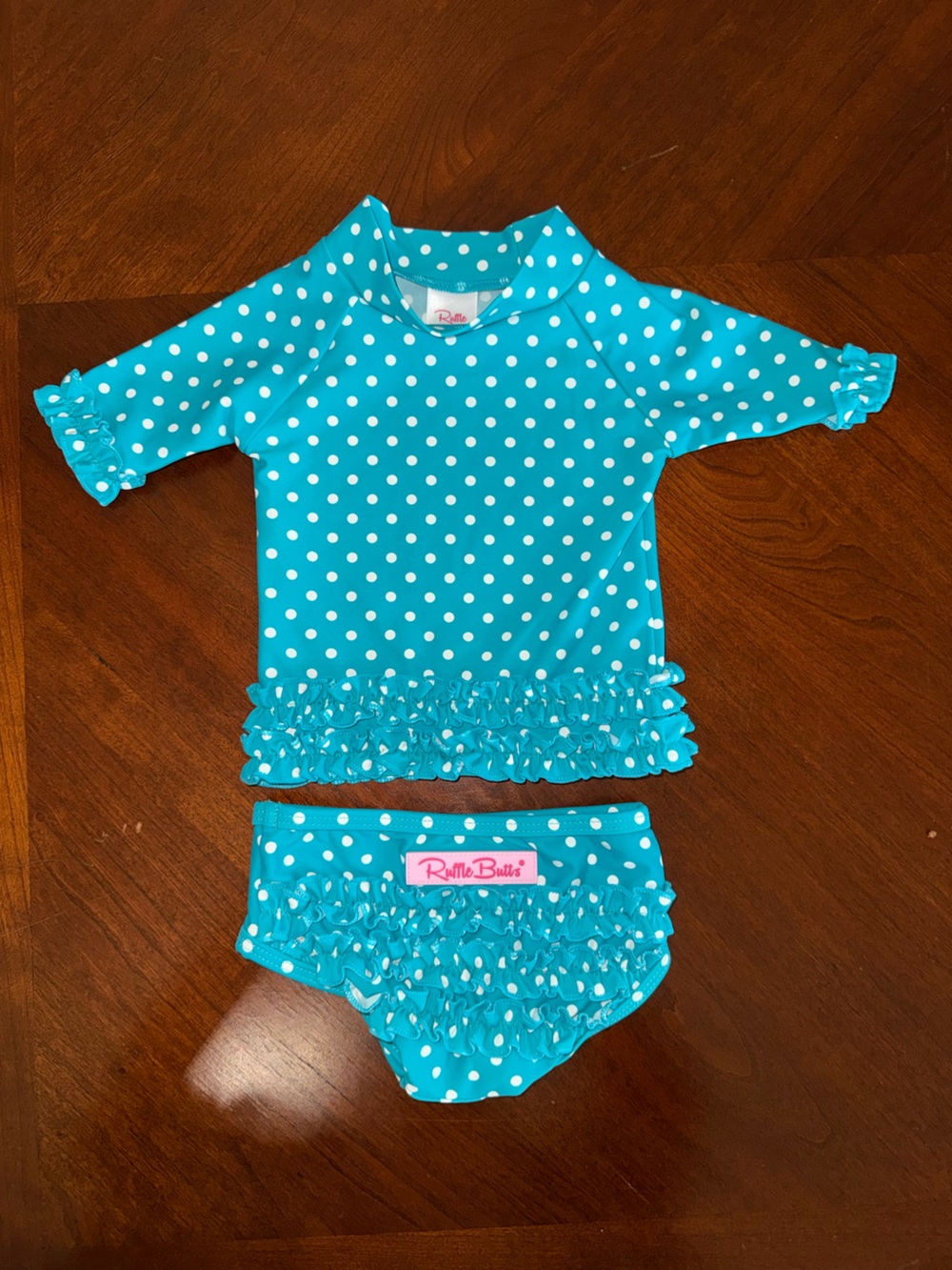 Ruffle Butts Turquoise with White Polka Dot Rash Top and Ruffle Bikini Bottom